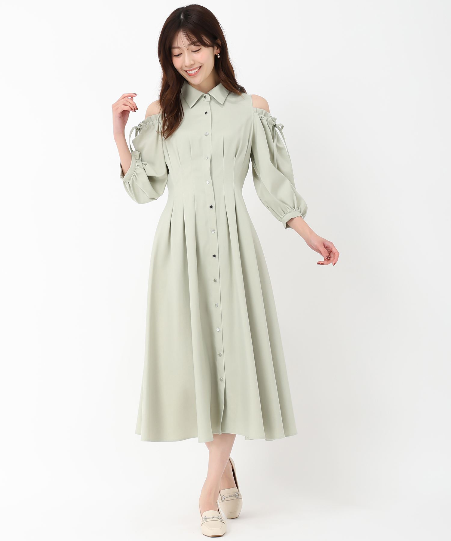 Steve madden  トリ ミディ シャツワンピース グリーン系 ミディ丈ドロストシャツワンピース / Green Parks