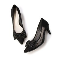Launa lea/ラウナレア Launa lea 【25SS】7cmラインストーンリボンチュールパンプス(0594)/507867767