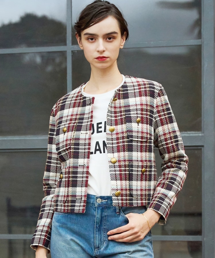 【美品】シンゾーン　ノーカラー　チェック　ジャケット　ウール　34 ベージュ　1 美品】シンゾーン ノーカラー チェック ジャケット ウール 34
