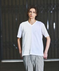 5351POURLESHOMMES/パッチワーク  PUレザー Vネック 半袖 Tシャツ/507876061
