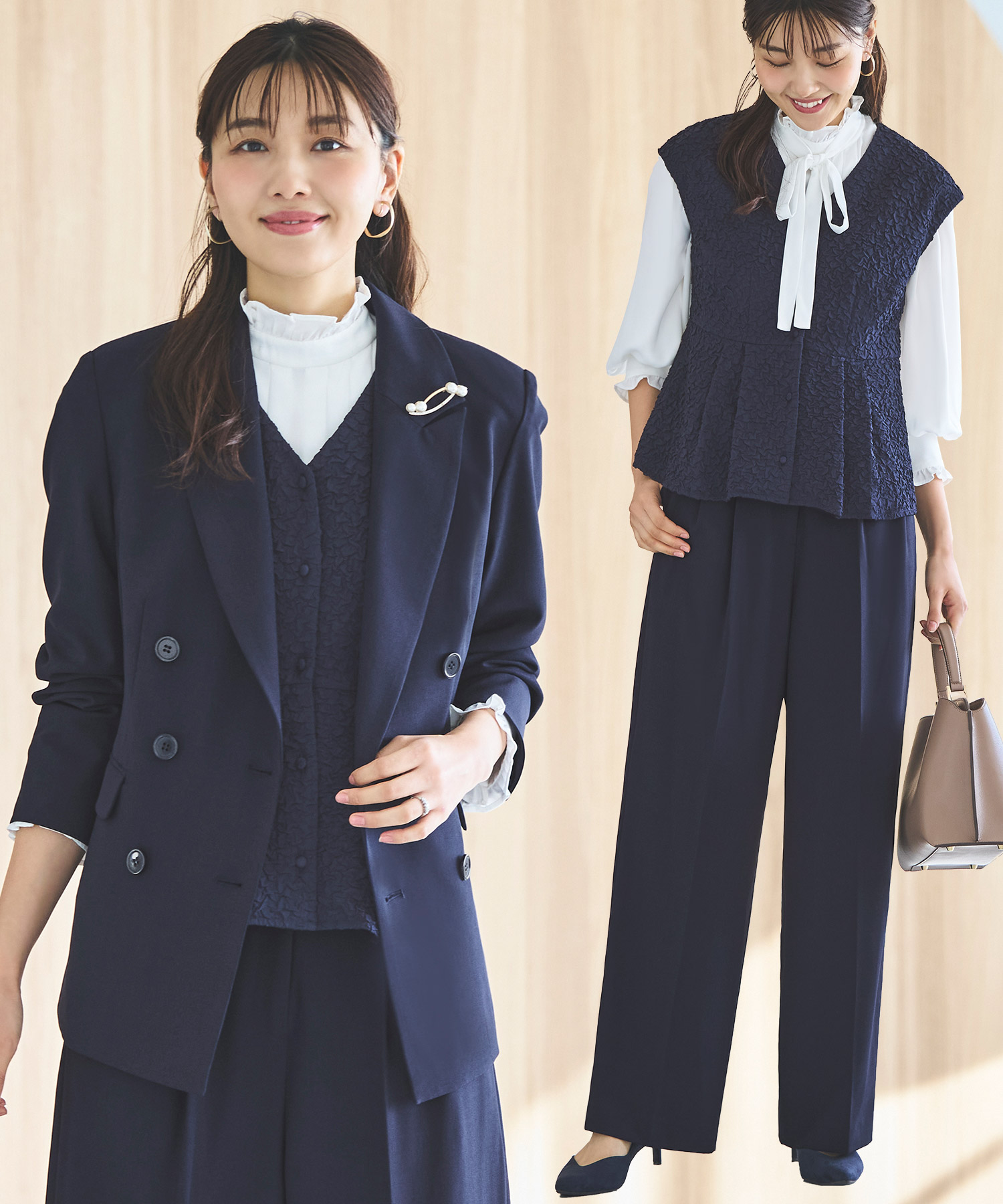 ルイルエブティック RUIRUE BOUTIQUE ピークドラペルダブルジャケット＆プリーツトップス＆タックワイドパンツ3点スーツセット （ブラック） ルイルエブティック RUIRUE BOUTIQUE ピークドラペルダブル