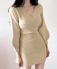 RIFF/リフ Riff Vネックタイトミニワンピース ニットワンピース カシュクール リブ編み セーター ニット タイトワンピース ミニワンピース ショート丈ワンピース/507893676