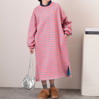 REAL STYLE/リアルスタイル REAL STYLE 裏起毛 ワンピース レディース 秋 冬 長袖 ロング ボーダー スウェット 暖かい 大きいサイズ 体型カバー フレア 膝下/507917254