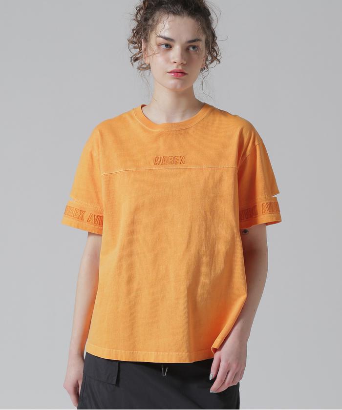 FADE WASH CUFFS OPEN EMBROIDERY T－SHIRT/フェイドウォッシュ