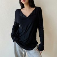 Belle Cie/ベルシー Belle Cie Tシャツ 長袖 ロンT ヘンリーネック ヘム シンプル インナー レディース 韓国ファッション 重ね着 おしゃれ かっこいい ボタ/507934051