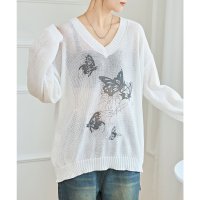 Lace Ladies/レースレディース Lace Ladies バタフライ柄 Vネック 長袖 ニット プルオーバー/507955269