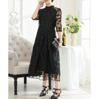 Lace Ladies/レースレディース Lace Ladies 総レース プチハイネック スカラップ フレア ワンピース/507958766