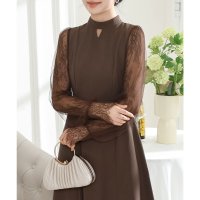 Lace Ladies/レースレディース Lace Ladies プチハイネック レース ドッキング ロング ワンピース/507958777