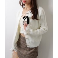 Lace Ladies/レースレディース Lace Ladies ベロア リボン 金ボタン パール フレアスリーブ ケーブルニット カーディガン/507965610