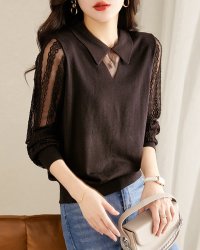 Lily of Valley/リリーオブバリー Lily of Valley レースショルダー 襟付き トップス 長袖 ニット きれいめ カジュアル 清楚 上品 無地/507976795