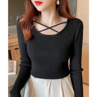 Lace Ladies/レースレディース Lace Ladies クロスデザイン Uネック 長袖 リブ トップス/507981503