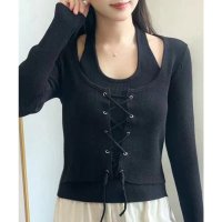 Lace Ladies/レースレディース Lace Ladies ホルター ドッキング レースアップ リブ トップス/507981504