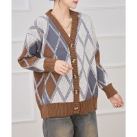 Lace Ladies/レースレディース Lace Ladies Vネック 配色 ダイヤ柄 シャギー ニット カーディガン/507981553