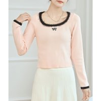 Lace Ladies/レースレディース Lace Ladies リボン 刺繍 スクエアネック 配色 ニット プルオーバー/507981572