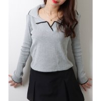 Lace Ladies/レースレディース Lace Ladies バイカラー 配色ライン Vネック テーラードカラー リブニット セーター トップス/507981594