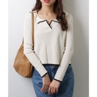 Lace Ladies/レースレディース Lace Ladies バイカラー 配色ライン Vネック テーラードカラー リブニット セーター トップス/507981594