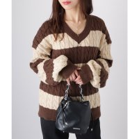 Lace Ladies/レースレディース Lace Ladies ボーダー バイカラー オーバーサイズ ケーブルニット Vネック セーター トップス/507981595