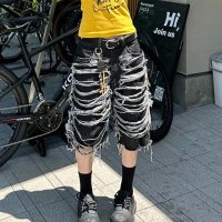 Belle Cie/ベルシー Belle Cie ダメージ クラッシュ リペア加工 リップド ジーンズ ハーフパンツ レディース 韓国ファッション グランジファッション ひざ丈 バ/507982373