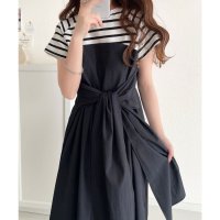 Classical Elf/クラシカルエルフ Classical Elf 一枚で旬のワンピスタイル♪ビスチェ風2wayリボン使いサッカー素材ドッキングロングワンピース（半袖）/507983015