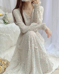 Lily of Valley/リリーオブバリー Lily of Valley 小花柄 長袖 ロング ワンピース シフォン Vネック カジュアル 上品 フェミニン きれいめ/507988737