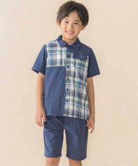 BeBe Petits Pois Vert/チェック＆無地切り替え半袖シャツ+ハーフパンツセットアップ(95~150cm)/508009314