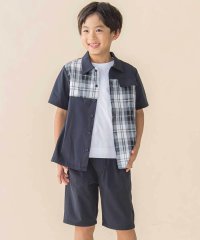 BeBe Petits Pois Vert/チェック＆無地切り替え半袖シャツ+ハーフパンツセットアップ(95~150cm)/508009314