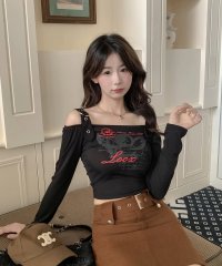 shopnikoniko/ショップニコニコ ShopNikoNiko ショート丈 エンジェルプリント ベルトオフショルダー ロンT ma グランジファッション エンジェルコア トップス /508019509