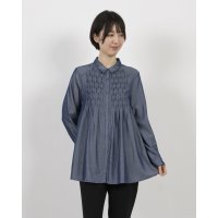 BRODIAEA/ブローディア BRODIAEA 光沢デニム風シャンブレーシャツ 丸襟長袖ブラウス/508021486