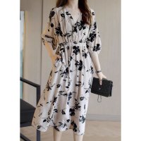 Belle Cie/ベルシー Belle Cie ワンピース ミモレ丈 ミディ丈 7分丈 総柄 モノトーン フラワー レディース 韓国ファッション きれいめ さらさら 春夏 Vネッ/508042239