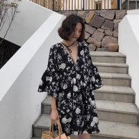Belle Cie/ベルシー Belle Cie ブラウス チュニック ワンピース 半端袖 5分袖 春夏 ボタニカル レディース 韓国ファッション フレア フラワー モノトーン 大/508042240
