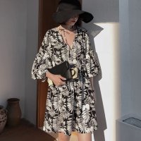 Belle Cie/ベルシー Belle Cie ブラウス チュニック ワンピース 半端袖 5分袖 春夏 ボタニカル レディース 韓国ファッション フレア フラワー モノトーン 大/508042240