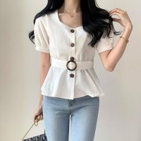Belle Cie/ベルシー Belle Cie トップス 半袖 ブラウス ペプラム きれいめ レトロ べっ甲 春夏 レディース 韓国ファッション ウエストマーク 涼しい 大人 オ/508042242