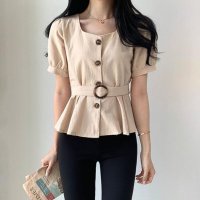 Belle Cie/ベルシー Belle Cie トップス 半袖 ブラウス ペプラム きれいめ レトロ べっ甲 春夏 レディース 韓国ファッション ウエストマーク 涼しい 大人 オ/508042242