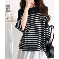 Classical Elf/クラシカルエルフ Classical Elf ラフにキマる大人スタイル。オーガニックコットン100%オーバーサイズパネルボーダーTシャツ(半袖)/508046657
