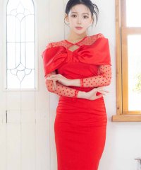 Tika/ティカ Tika キャバドレス 長袖ドット柄シアーサテンビッグリボンストレッチ膝丈タイトドレス (Sサイズ～XLサイズ)/508055499