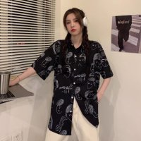 Belle Cie/ベルシー Belle Cie シャツ 半袖 レギュラーカラー 羽織り プリント 総柄 ユニーク レディース 韓国ファッション モノトーン 重ね着 落書き 春夏 /508079236
