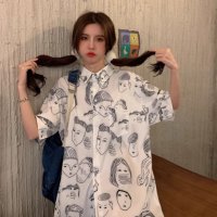 Belle Cie/ベルシー Belle Cie シャツ 半袖 レギュラーカラー 羽織り プリント 総柄 ユニーク レディース 韓国ファッション モノトーン 重ね着 落書き 春夏 /508079236