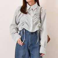 REAL STYLE/リアルスタイル REAL STYLE ブラウス レディース 長袖 ドロスト シャーリング 白 無地 ストライプ オフィス オシャレ ショート丈 シャツ トップス/508081839