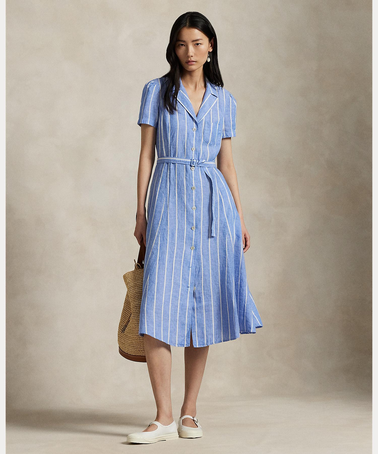 セール 30%OFF】ストライプド ベルテッド リネン Aライン シャツ