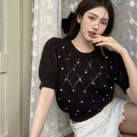 Belle Cie/ベルシー Belle Cie サマーニット トップス 半袖 ビジュー きれいめ ショート丈 春 レディース 韓国ファッション オフィス 大人 かわいい フィット/508098193