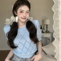 Belle Cie/ベルシー Belle Cie サマーニット トップス 半袖 ビジュー きれいめ ショート丈 春 レディース 韓国ファッション オフィス 大人 かわいい フィット/508098193