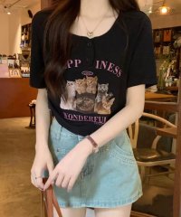 shopnikoniko/ショップニコニコ ShopNikoNiko 猫プリント サイドシャーリング ショート丈チビTシャツ ma 【即納】韓国カジュアル トップス クロップド ロゴT /508102159