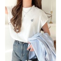 クラシカルエルフ Classical Elf 大人女子の上品ベーシック。綿100％シルケットモックネックフレンチTシャツ(刺繍)
