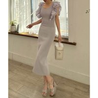 ROYAL PARTY/ロイヤルパーティー ROYAL PARTY 異素材ラッフルスリーブタイトニットワンピース/508113559