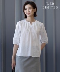 J.PRESS LADIES（LARGE SIZE）/【WEB限定・洗える】セルロースカラミストライプ キーネック ブラウス/508117232