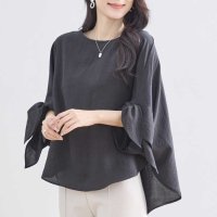 ica/アイカ ica Aライン トップス チュニック ブラウス 袖リボン付き フィッシュテール ゆったり ボリューム袖 フレア 七分袖 フェミニン 可愛い 透け感 き/508118797