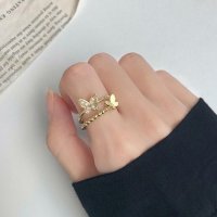 shoppinggo/ショッピングゴー shoppinggo 指輪 蝶々デザイン オープンリング ゴールドラインストーンリング キラキラ フリーサイズ華奢 記念日 母の日 パーティ入/508119190