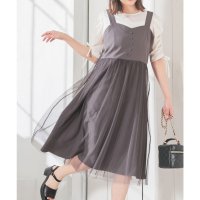Honeys/ハニーズ Honeys チュール切替ジャンスカ ワンピース ジャンスカ ジャンパースカート ひざ丈 チュール ストレッチ ツイル素材 フレア 無地 レディース/508120728