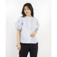 EGLANTINE/エグランティーヌ EGLANTINE ストライプフリル半袖ノーカラーブラウス/508126719