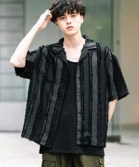 Rocky Monroe/ロッキーモンロー Rocky Monroe ストライプシャツ 半袖 開襟 メンズ レディース ジャガード フリンジ シアー 透け感 オープンカラー 白シャツ オ/508127876